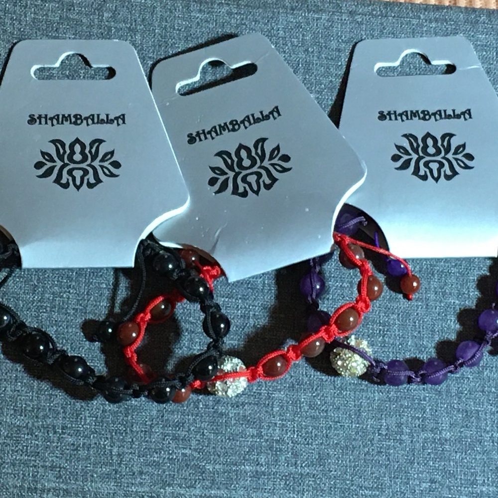 Shambala Bracelets Set of 3, Black Red Purple & Crystal Stone Beads, Adjustable
